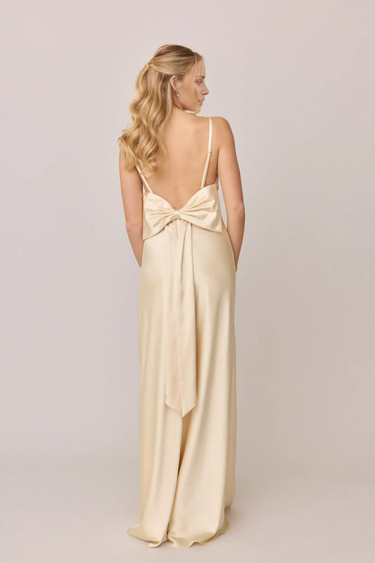 Champagne A-Line Spaghetti Strap Satin High Slit Floor-Length Wedding Dress - Yihuiw by Yihuiw