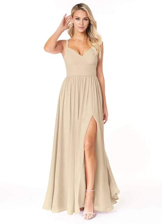 Champagne A-Line V-Neck Chiffon High Slit Floor-Length Wedding Dress - Yihuiw by Yihuiw