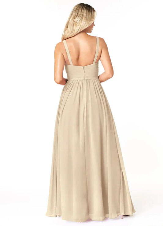 Champagne A-Line V-Neck Chiffon High Slit Floor-Length Wedding Dress - Yihuiw by Yihuiw