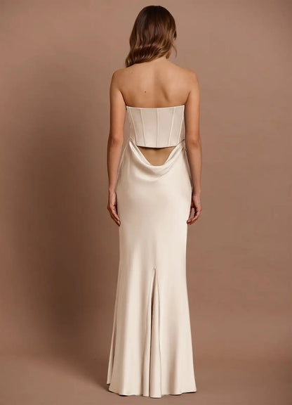 Champagne Mermaid Strapless Lace-Up Back Draped Floor-Length Wedding Dress - Yihuiw by Yihuiw