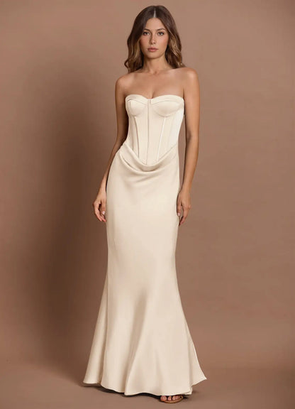 Champagne Mermaid Strapless Lace-Up Back Draped Floor-Length Wedding Dress - Yihuiw by Yihuiw