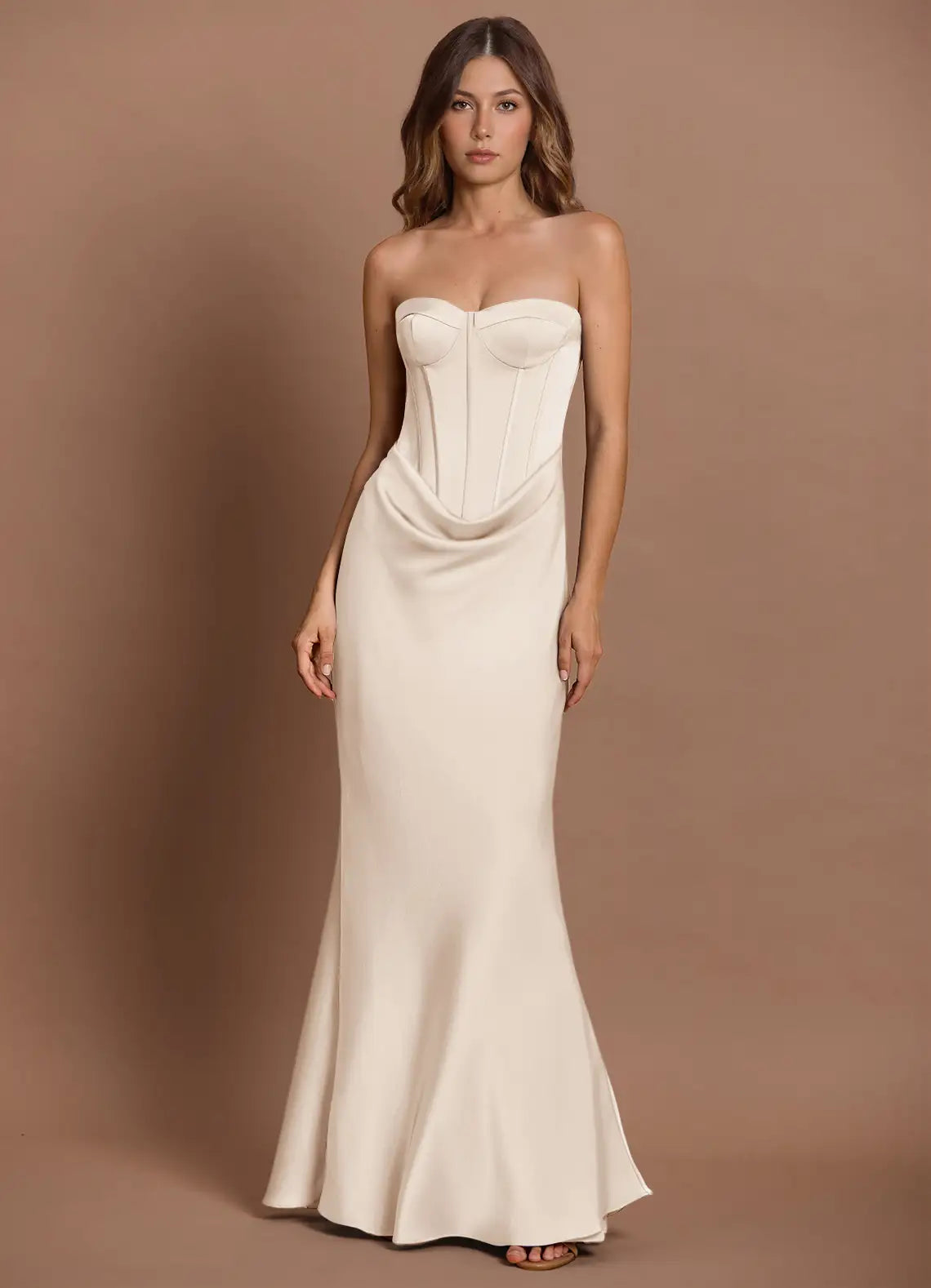 Champagne Mermaid Strapless Lace-Up Back Draped Floor-Length Wedding Dress - Yihuiw by Yihuiw