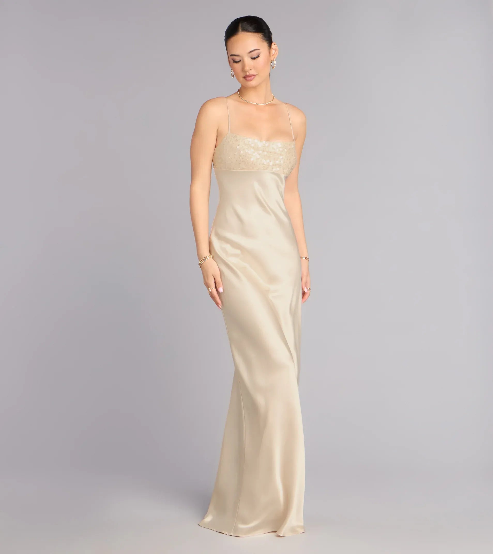 Champagne Mermaid Spaghetti Strap Lace Lace-Up Back Floor-Length Wedding Dress - Yihuiw by Yihuiw