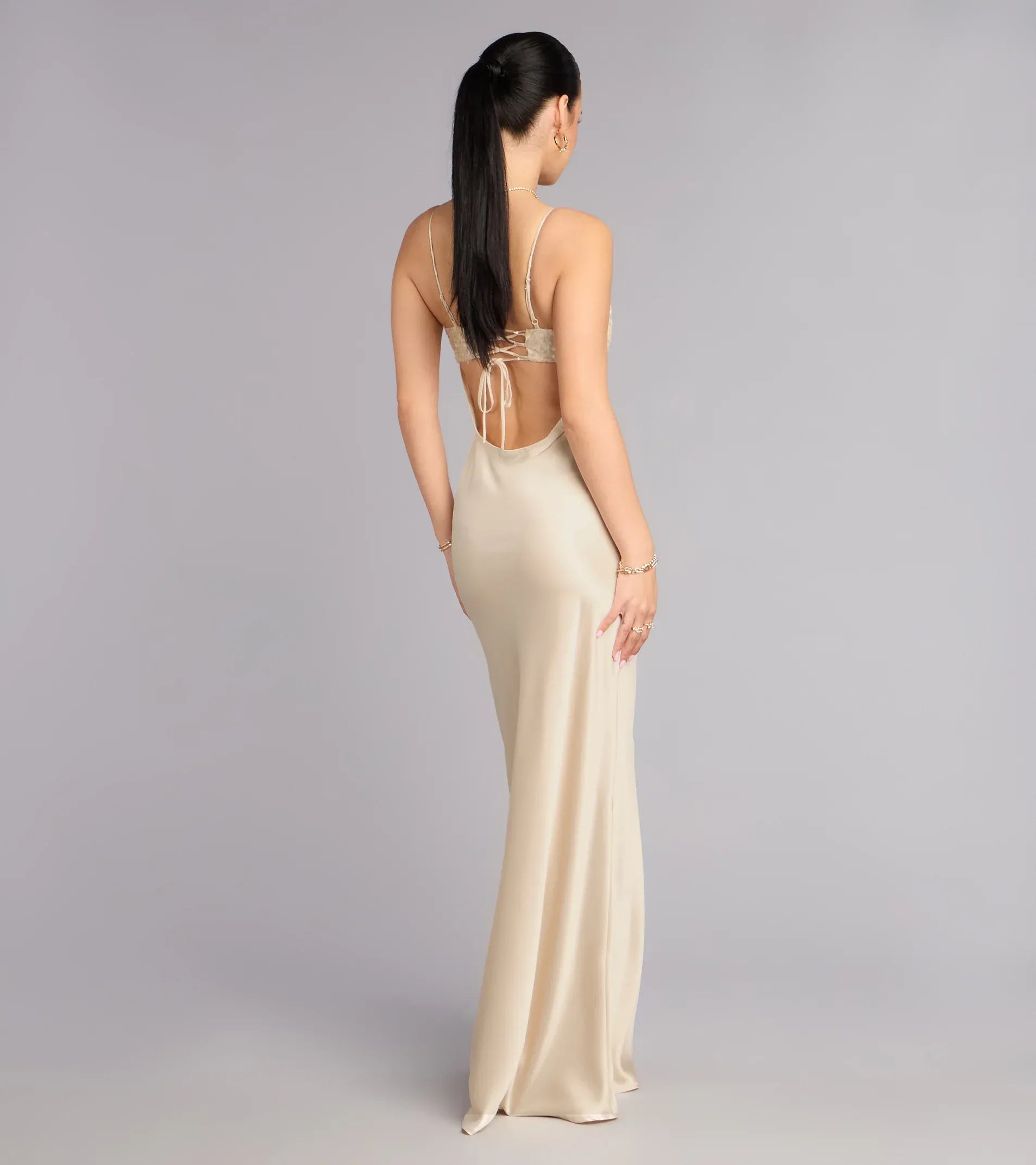 Champagne Mermaid Spaghetti Strap Lace Lace-Up Back Floor-Length Wedding Dress - Yihuiw by Yihuiw
