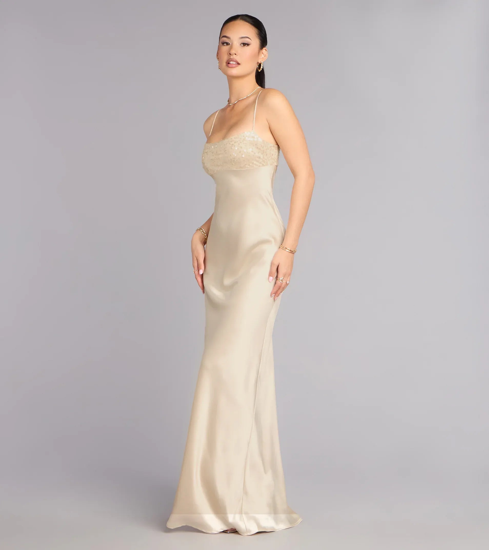 Champagne Mermaid Spaghetti Strap Lace Lace-Up Back Floor-Length Wedding Dress - Yihuiw by Yihuiw