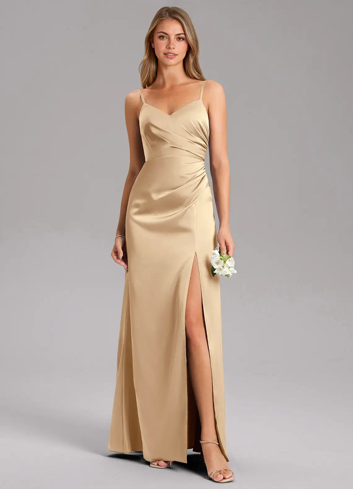 Champagne V-Neck Satin High Slit Floor-Length Wedding Dress - Yihuiw by Yihuiw