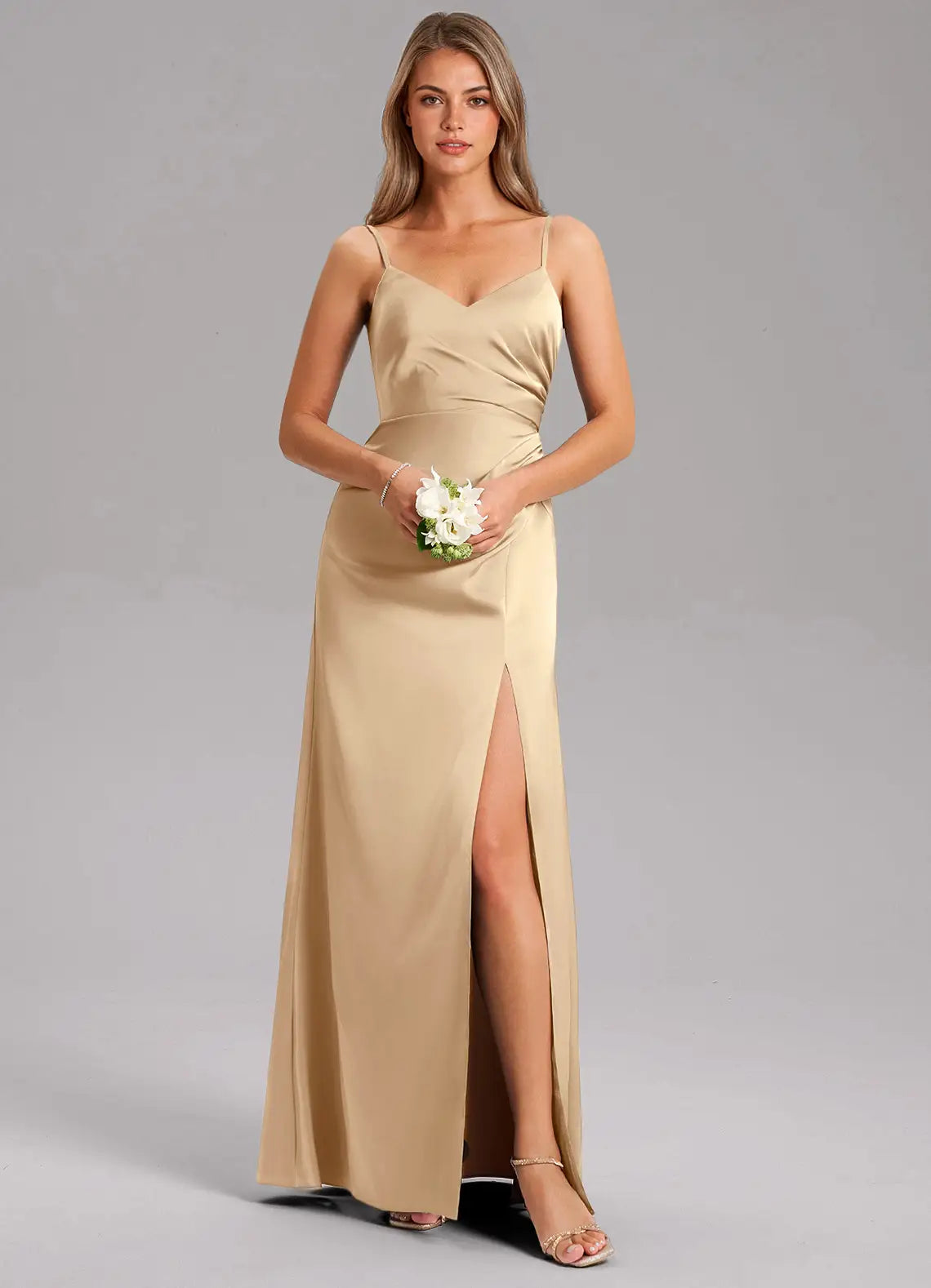 Champagne V-Neck Satin High Slit Floor-Length Wedding Dress - Yihuiw by Yihuiw