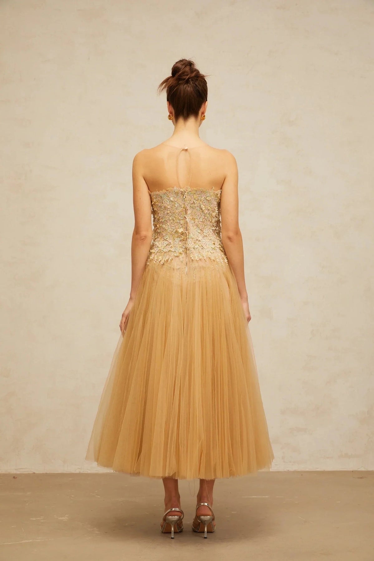 Champagne Tulle Maxi Dress with Floral Embellished Bodice Aurore neutrals pleated sequined tulle midi dress Evening Dress by YiHuiw
