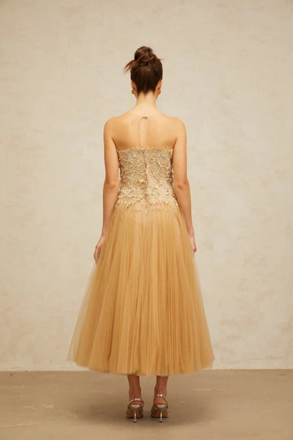 Champagne Tulle Maxi Dress with Floral Embellished Bodice Aurore neutrals pleated sequined tulle midi dress Evening Dress by YiHuiw