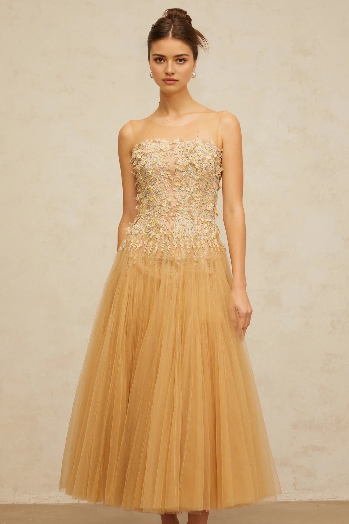 Champagne Tulle Maxi Dress with Floral Embellished Bodice Aurore neutrals pleated sequined tulle midi dress Evening Dress by YiHuiw