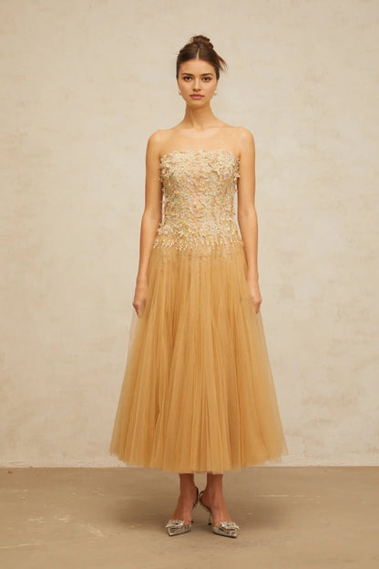 Champagne Tulle Maxi Dress with Floral Embellished Bodice Aurore neutrals pleated sequined tulle midi dress Evening Dress by YiHuiw