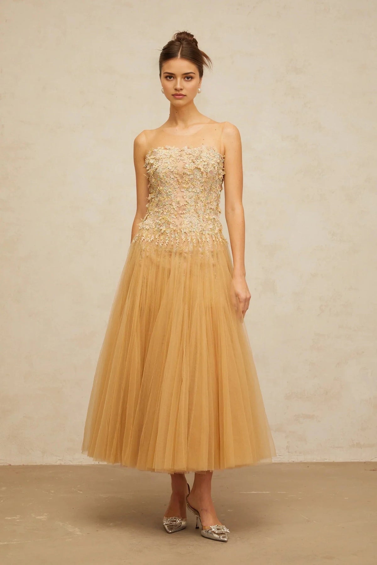 Champagne Tulle Maxi Dress with Floral Embellished Bodice Aurore neutrals pleated sequined tulle midi dress Evening Dress by YiHuiw