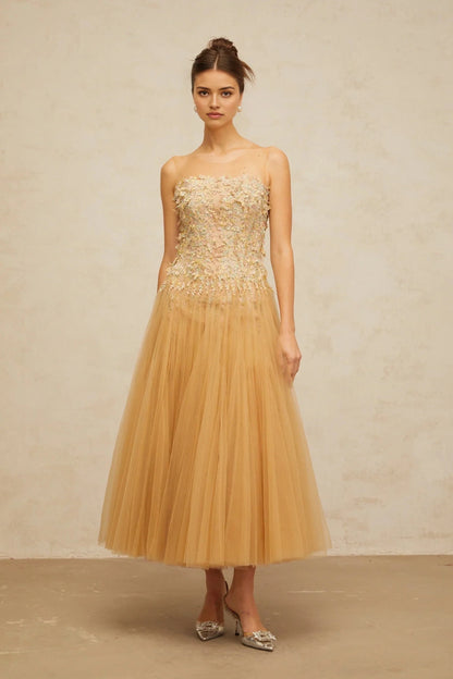 Champagne Tulle Maxi Dress with Floral Embellished Bodice Aurore neutrals pleated sequined tulle midi dress Evening Dress by YiHuiw