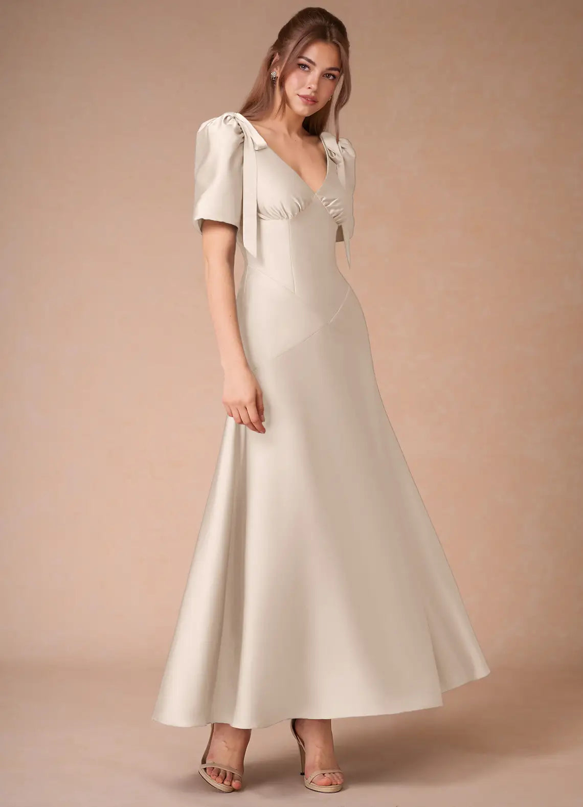 Champagne A-Line V-Neck Satin Short Sleeve Floor-Length Wedding Dress - Yihuiw by Yihuiw