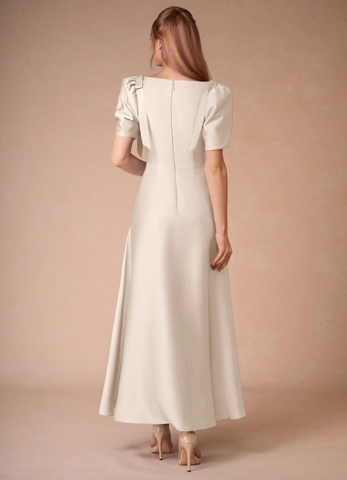 Champagne A-Line V-Neck Satin Short Sleeve Floor-Length Wedding Dress - Yihuiw by Yihuiw
