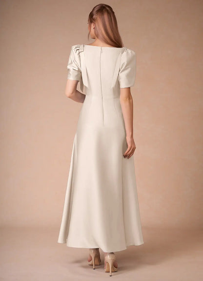 Champagne A-Line V-Neck Satin Short Sleeve Floor-Length Wedding Dress - Yihuiw by Yihuiw