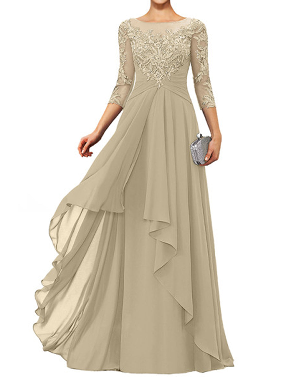 Sheath / Column Mother of the Bride Dress Elegant Jewel Neck Floor Length Chiffon Lace 3/4 Length Sleeve with Appliques by YiHuiw