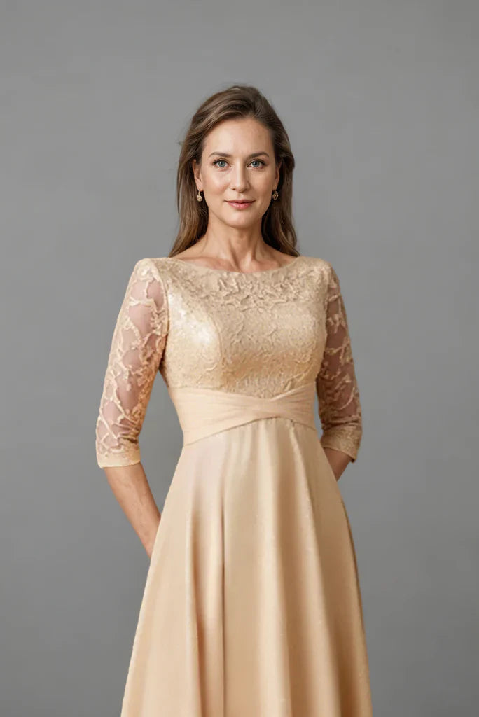 Vestido champán para la madre de la novia con corpiño de encaje y mangas 3/4 – Elegante vestido formal de corte en A y largo midi