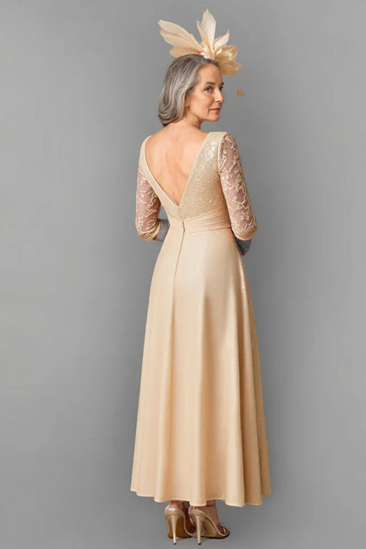 Champagne Mother of the Bride Dress with Lace Bodice and 3/4 Sleeves – Elegant Tea Length A-Line Formal Dress