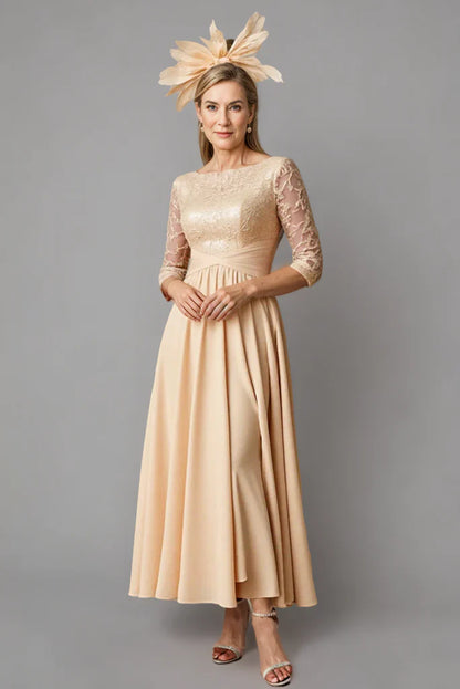 Vestido champán para la madre de la novia con corpiño de encaje y mangas 3/4 – Elegante vestido formal de corte en A y largo midi