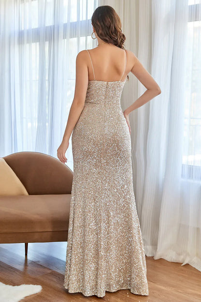 Champagne Sequin Mermaid Prom Dress with Spaghetti Straps and High Slit – Elegant Formal Evening Gown