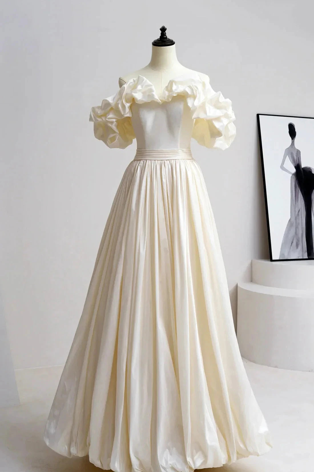 Champagne Satin Floor Length Prom Dress Off the Shoulder A-Line Evening Party Dress simple gentle atmospheric and unique desi Bring summer colors to enhance white by YiHuiw