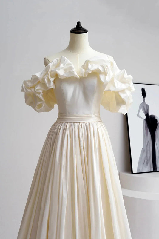 Champagne Satin Floor Length Prom Dress Off the Shoulder A-Line Evening Party Dress simple gentle atmospheric and unique desi Bring summer colors to enhance white by YiHuiw