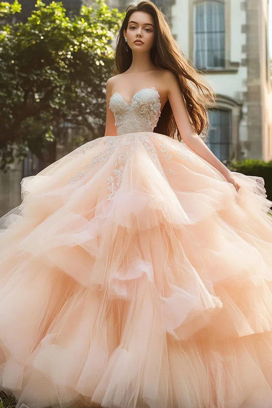 Blush Peach Strapless Ball Gown Prom Dress with Beaded Corset Bodice and Layered Ruffle Tulle Skirt