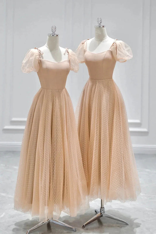 Champagne Tulle Tea Length Prom Dress Cute Short Sleeve Evening Dress simple gentle atmospheric and unique desi Bring summer colors to enhance white by YiHuiw