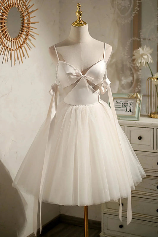 Champagne V-Neck Tulle Short Prom Dress Spaghetti Straps Party Dress with Bow simple gentle atmospheric and unique desi Bring summer colors to enhance white by YiHuiw