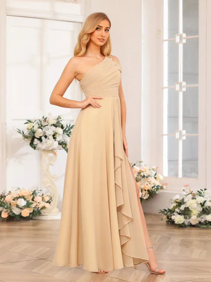 Champagne Chiffon High Slit Wedding Dress - Yihuiw by Yihuiw