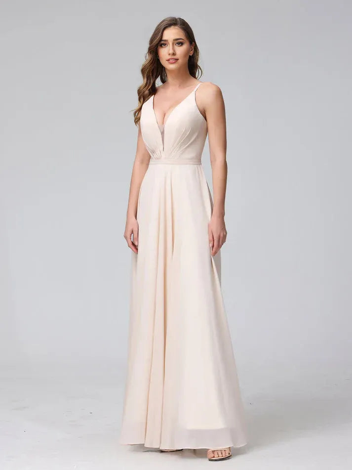 Champagne Spaghetti Strap Chiffon Wedding Dress - Yihuiw by Yihuiw