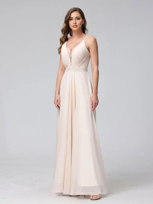 Champagne Spaghetti Strap Chiffon Wedding Dress - Yihuiw by Yihuiw
