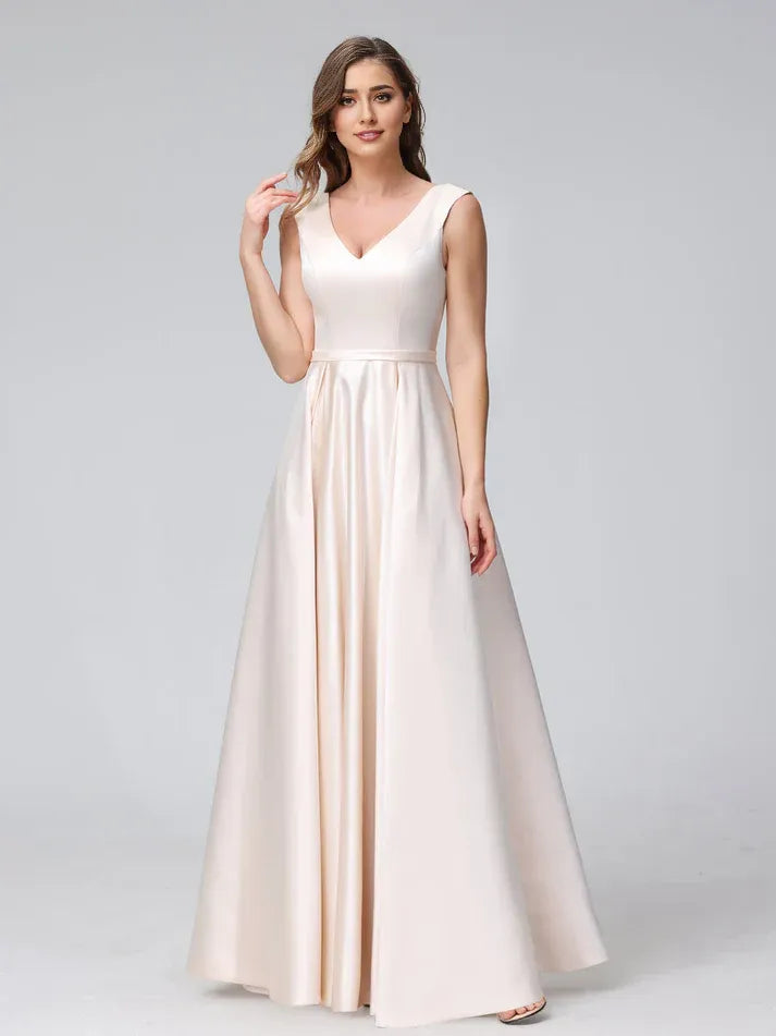 Champagne Satin Sleeveless Wedding Dress - Yihuiw by Yihuiw