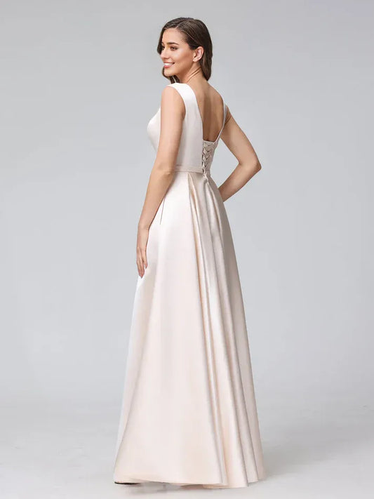 Champagne Satin Sleeveless Wedding Dress - Yihuiw by Yihuiw