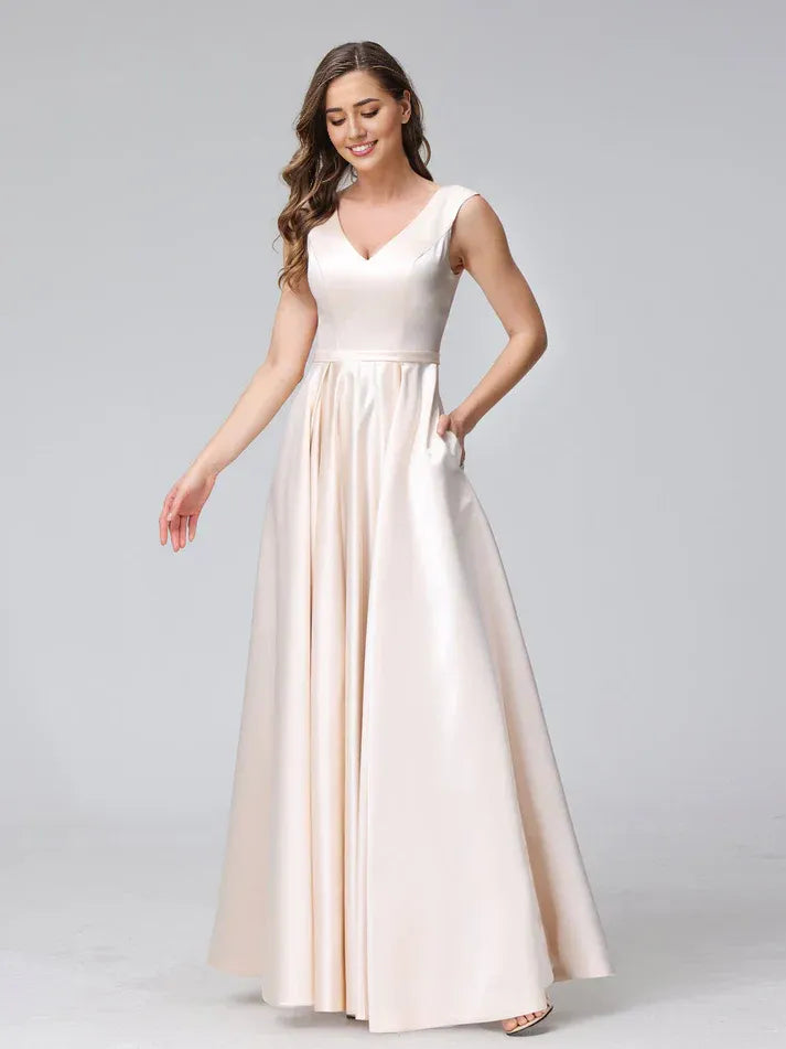 Champagne Satin Sleeveless Wedding Dress - Yihuiw by Yihuiw