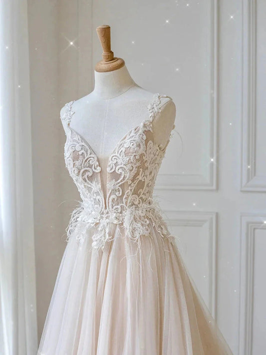Champagne v neck tulle lace long prom dress champagne evening dress simple gentle atmospheric and unique desi Bring summer colors to enhance whitenes by YiHuiw