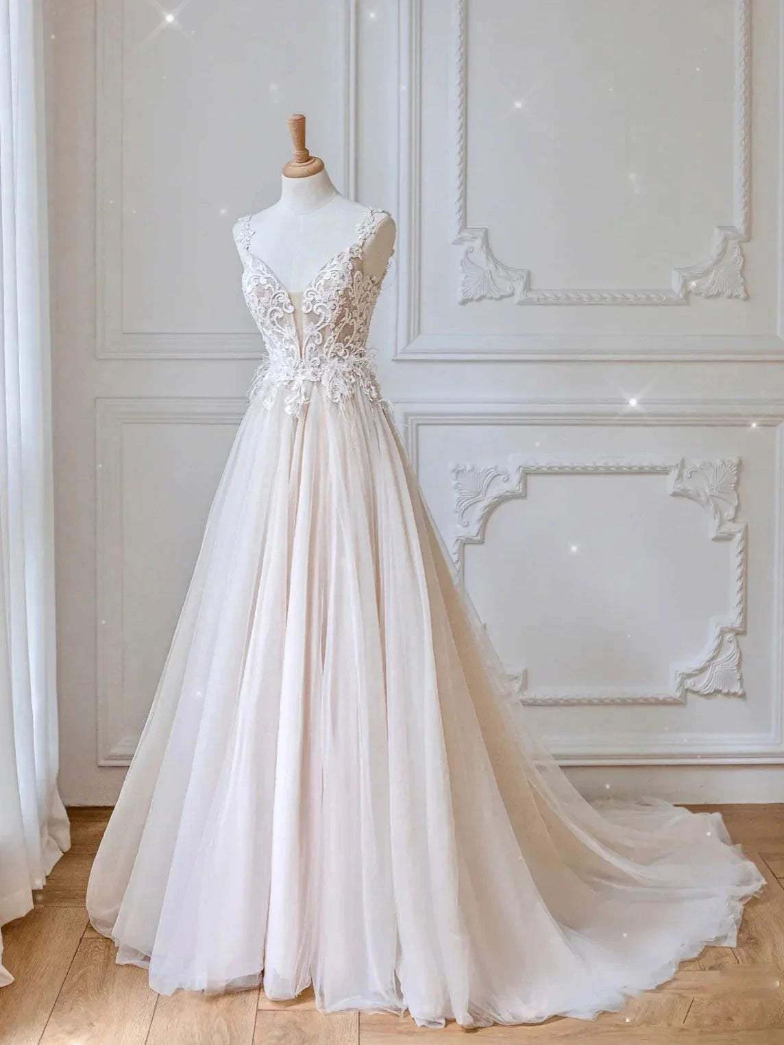 Champagne v neck tulle lace long prom dress champagne evening dress simple gentle atmospheric and unique desi Bring summer colors to enhance whitenes by YiHuiw