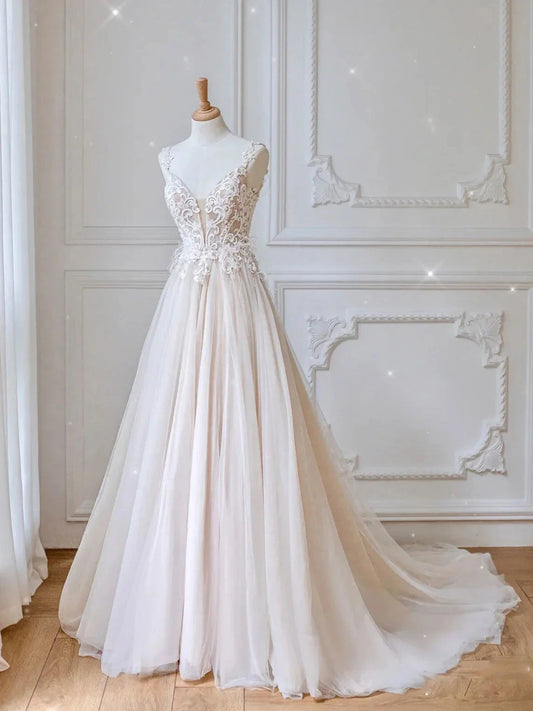 Champagne v neck tulle lace long prom dress champagne evening dress simple gentle atmospheric and unique desi Bring summer colors to enhance whitenes by YiHuiw