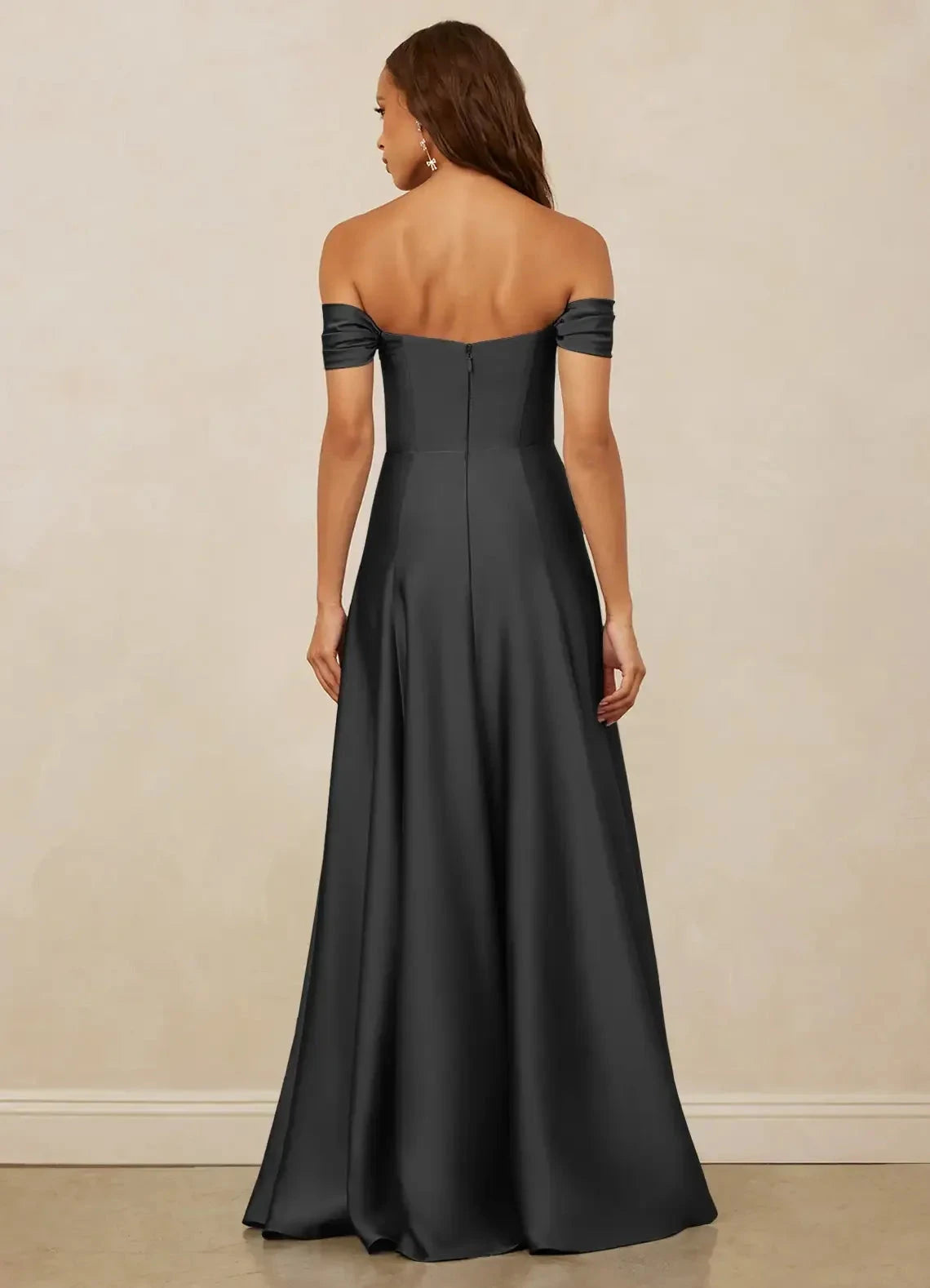Charcoal Gray Off - Shoulder Satin Maxi Dress Black A-Line Off the Shoulder Stretch Satin Convertible Dress Bridesmaid Dresses by YiHuiw