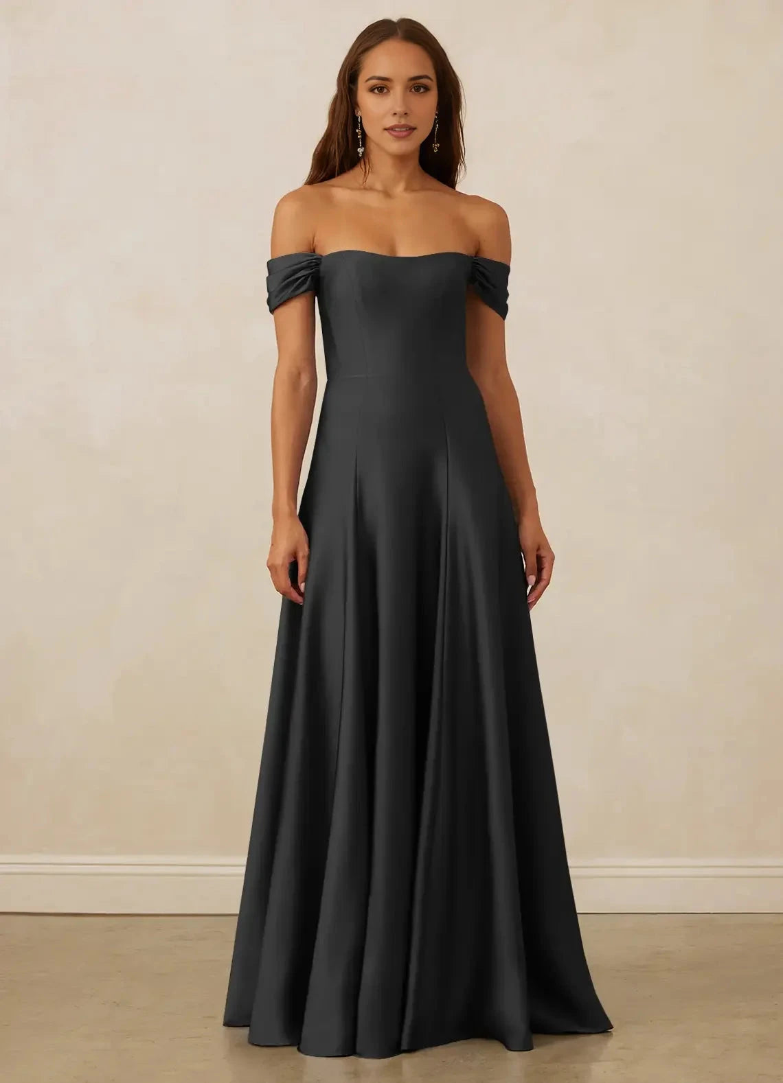Charcoal Gray Off - Shoulder Satin Maxi Dress Black A-Line Off the Shoulder Stretch Satin Convertible Dress Bridesmaid Dresses by YiHuiw
