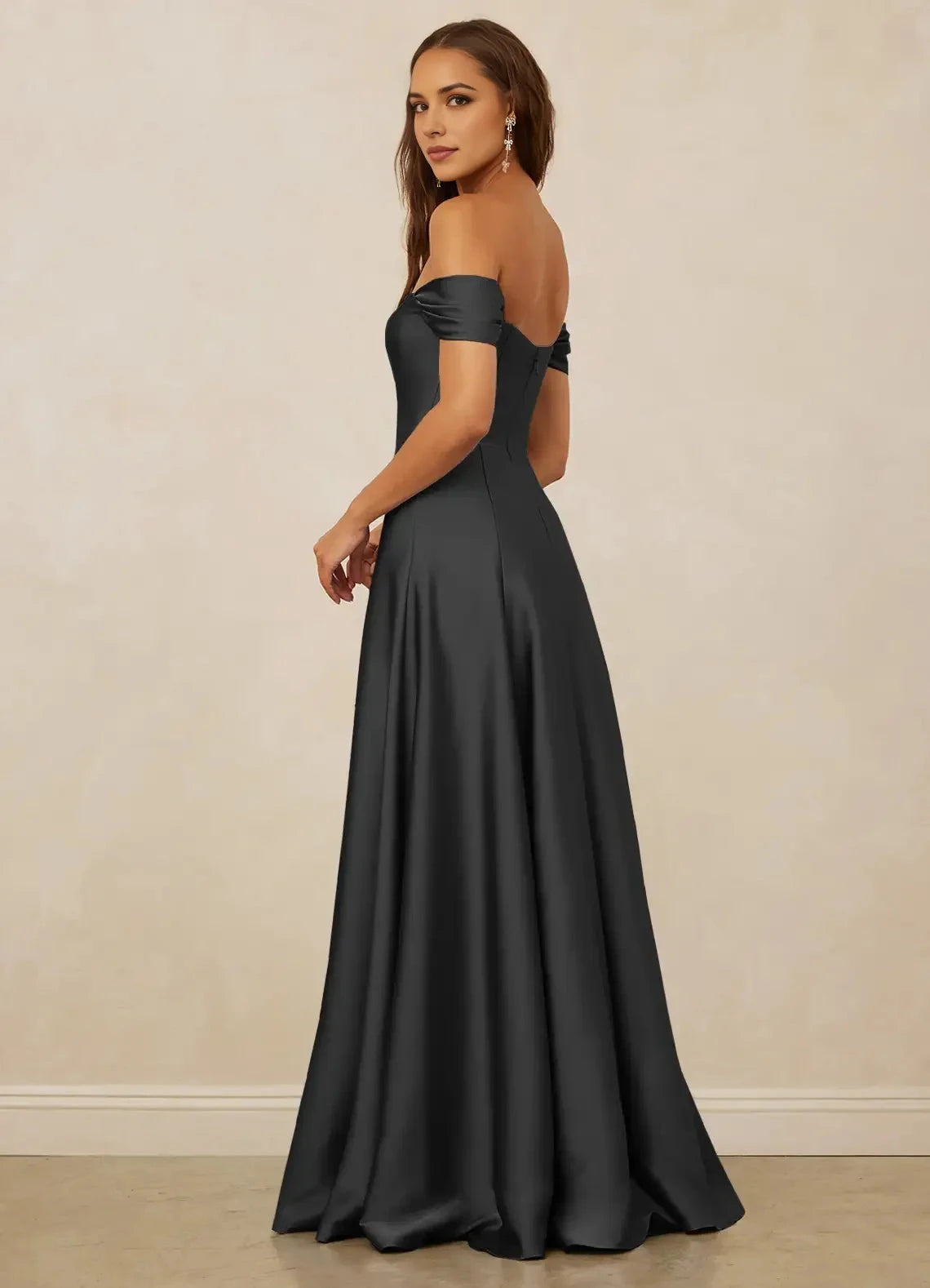 Charcoal Gray Off - Shoulder Satin Maxi Dress Black A-Line Off the Shoulder Stretch Satin Convertible Dress Bridesmaid Dresses by YiHuiw