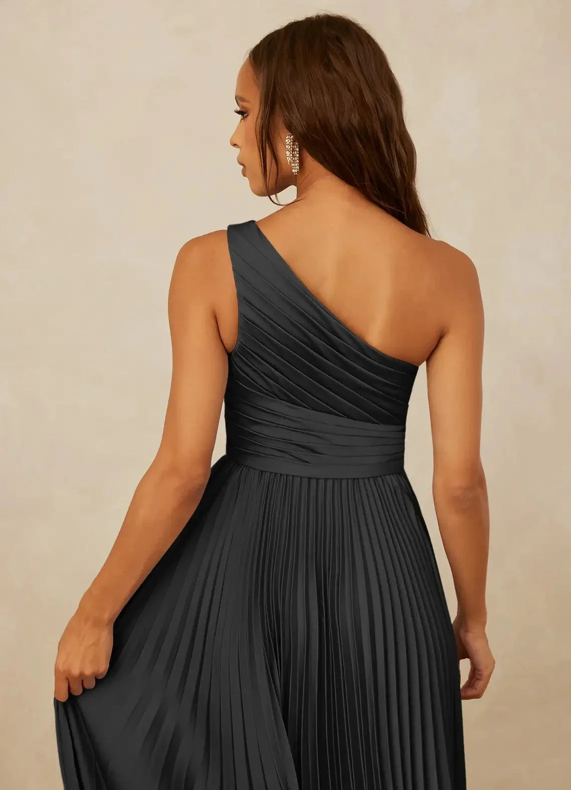 Charcoal Grey One-Shoulder Pleated Maxi Dress with Ruffled Detail A-Line One Shoulder Stretch Satin Dress Bridesmaid Dresses by YiHuiw