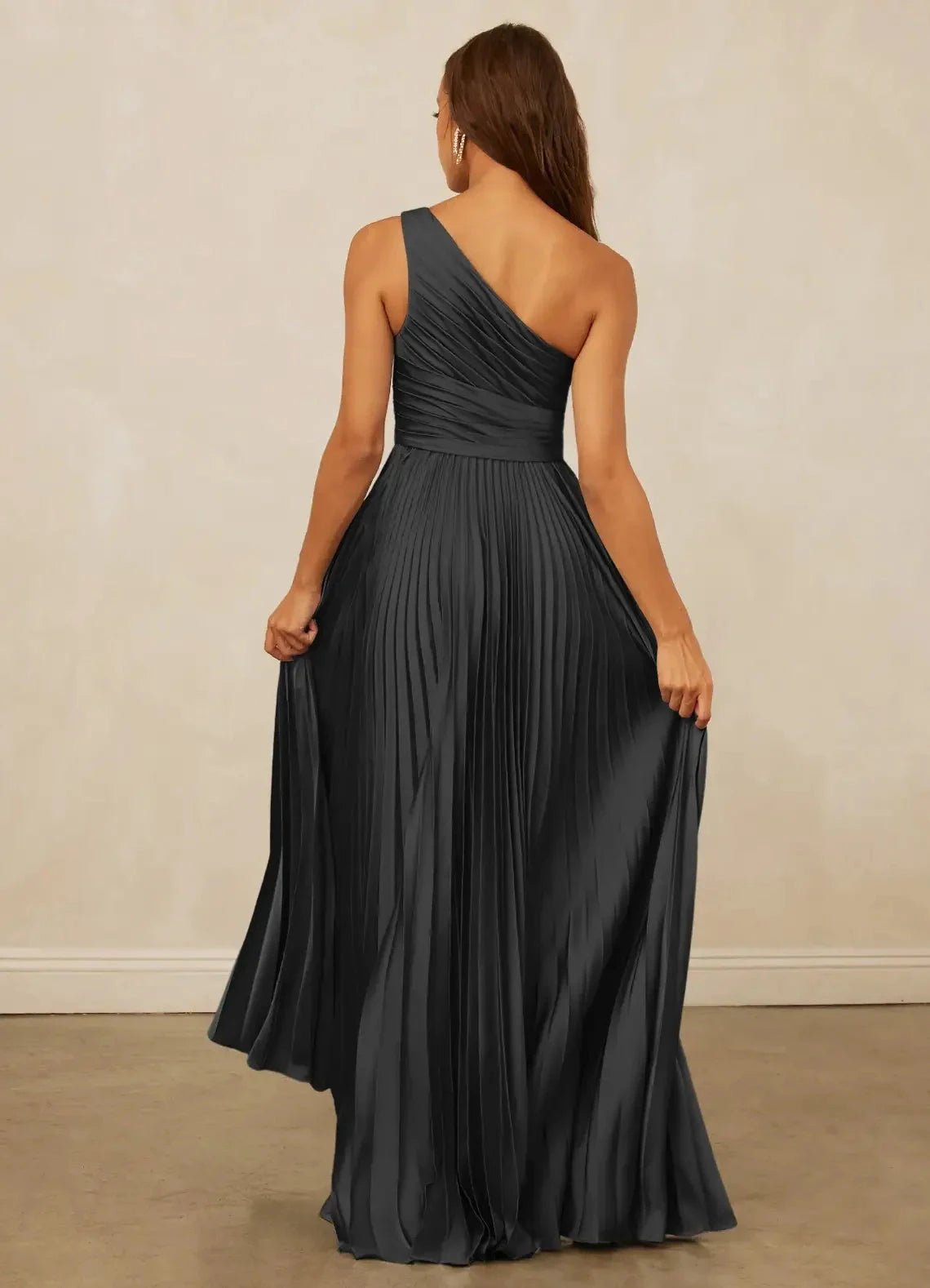 Charcoal Grey One-Shoulder Pleated Maxi Dress with Ruffled Detail A-Line One Shoulder Stretch Satin Dress Bridesmaid Dresses by YiHuiw