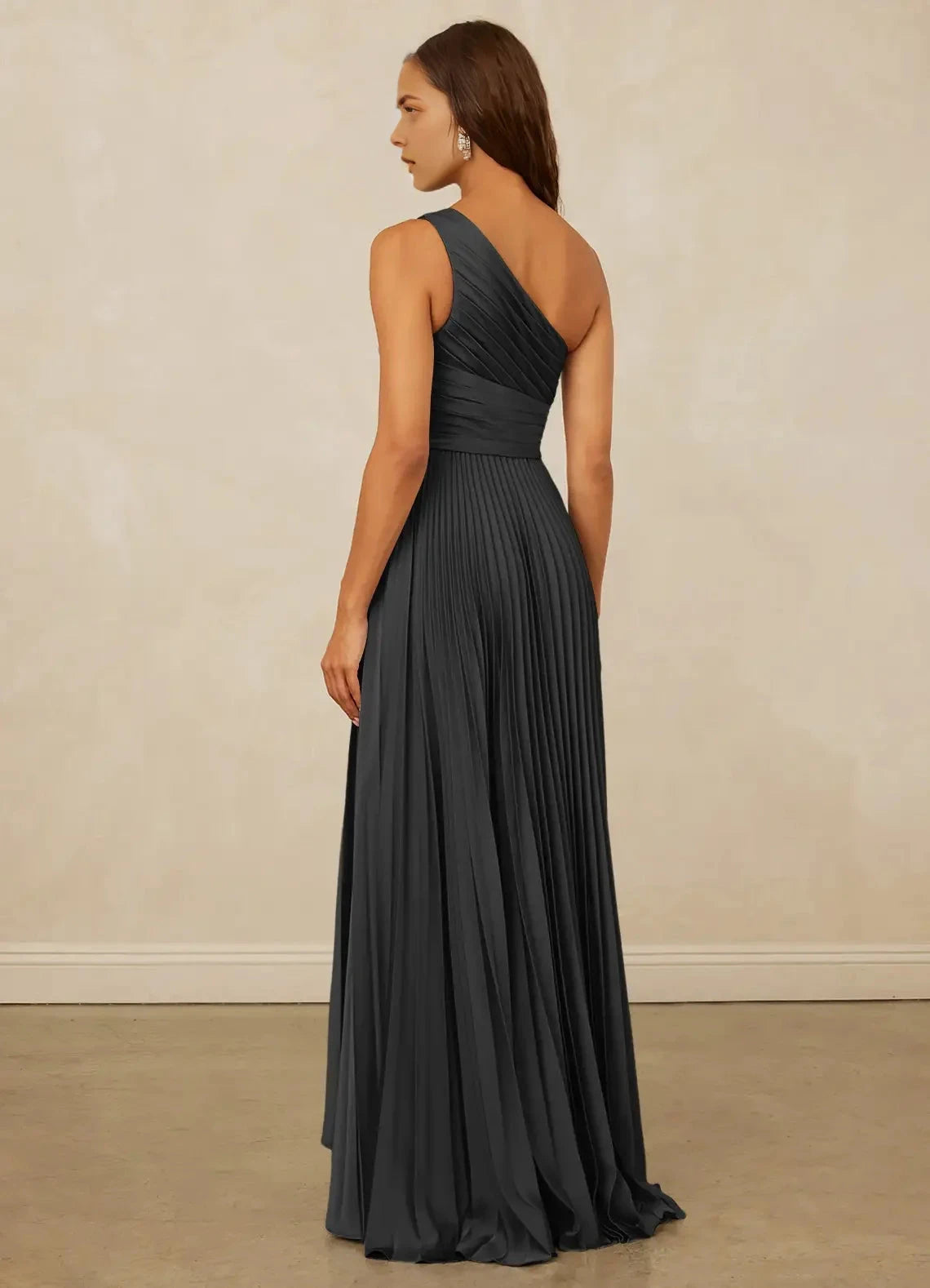Charcoal Grey One-Shoulder Pleated Maxi Dress with Ruffled Detail A-Line One Shoulder Stretch Satin Dress Bridesmaid Dresses by YiHuiw