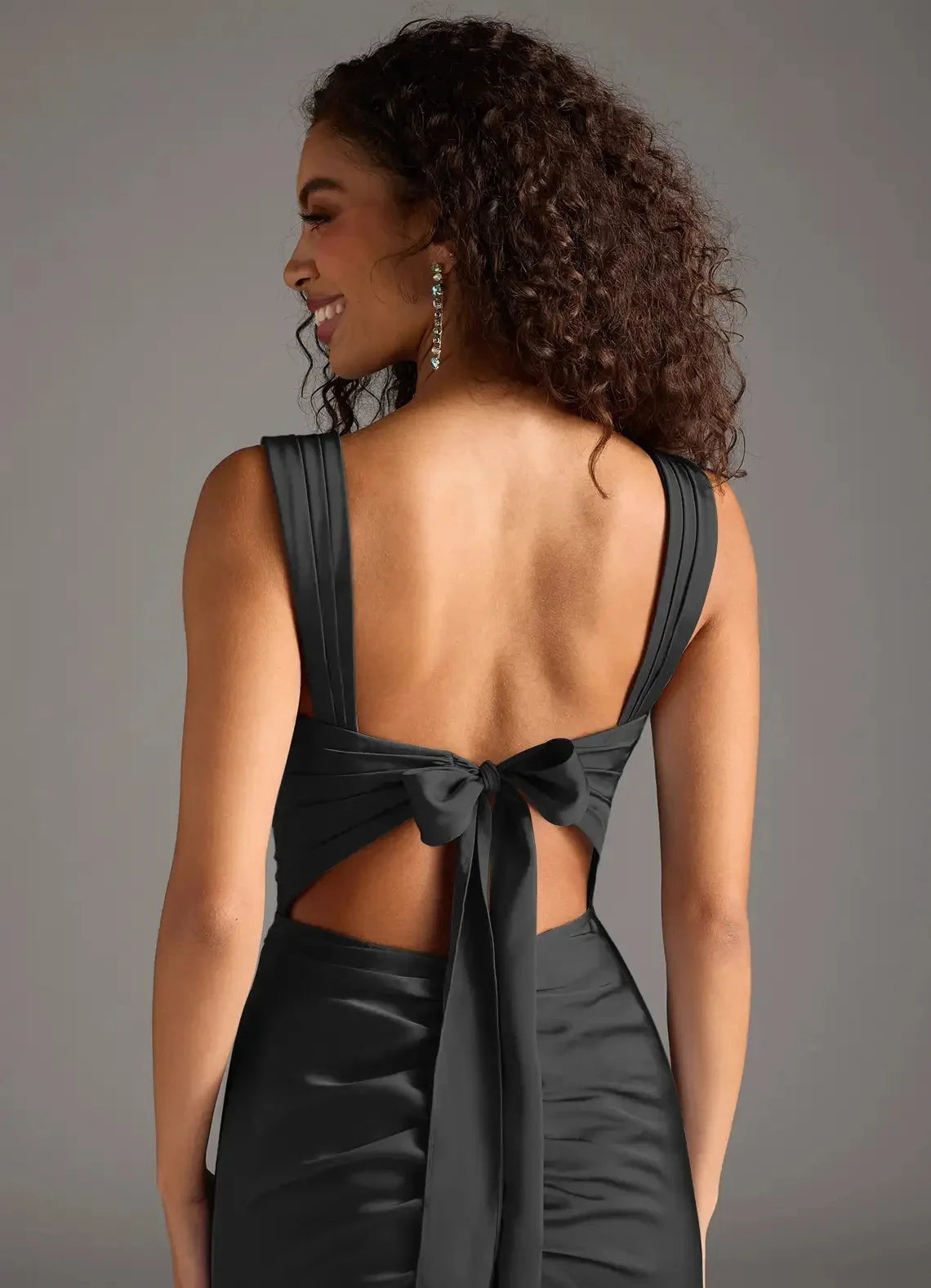 Charcoal Grey Square Neck Maxi Dress with Back Bow and Side Slit Sheath Bow Stretch Satin Dress Bridesmaid Dresses by YiHuiw