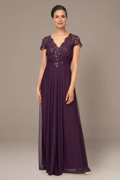 Charming A Line V Neck Short Sleeve Lace Back Floor Length Mother of the Bride Dress by YiHuiw