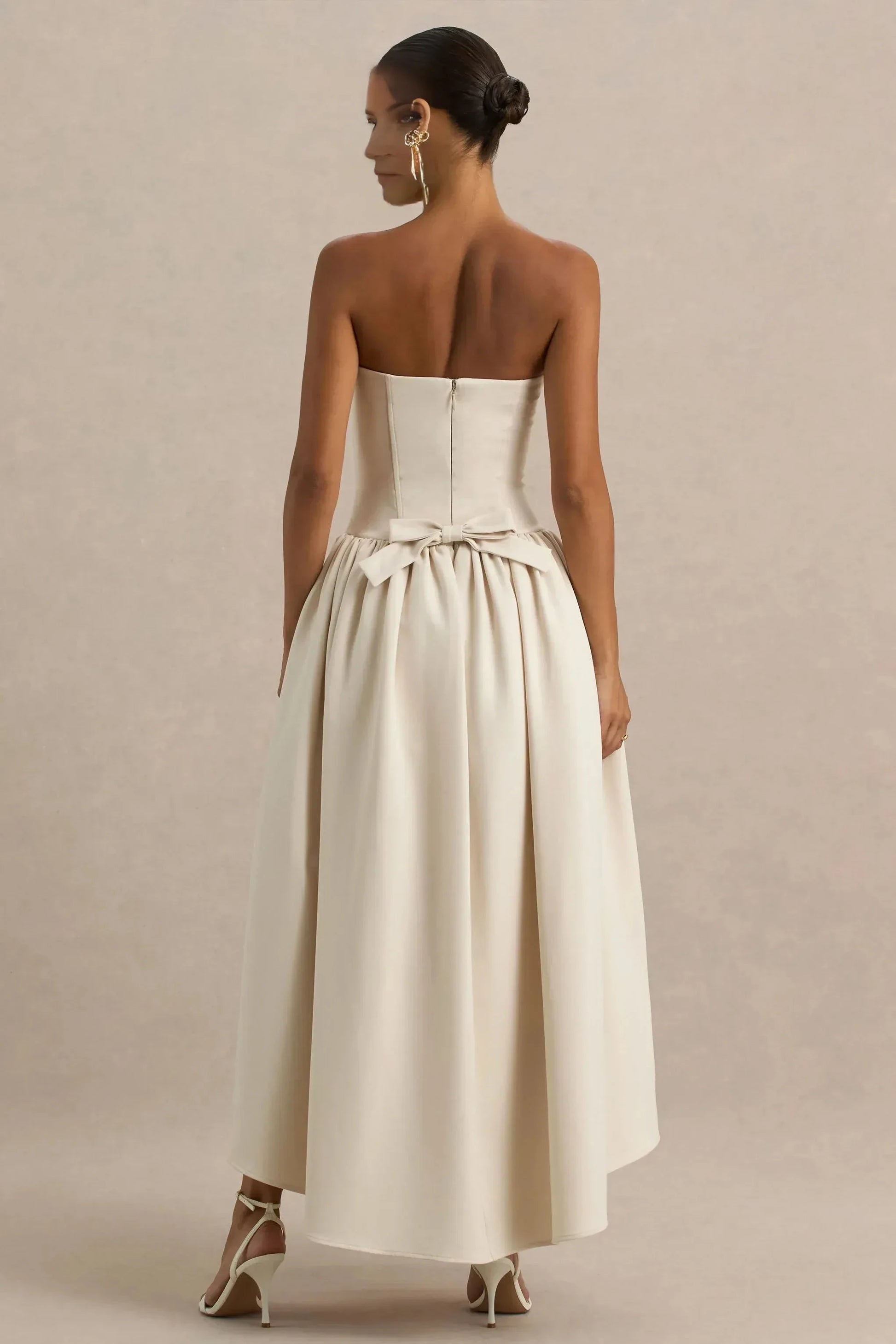 Charming Ball Gown Strapless Sleeveless Bow Back Asymmetric Floor Length Prom Dress by YiHuiw