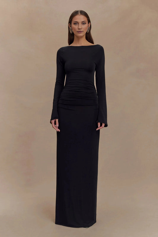 Charming Sheath Boat Neck Long Sleeve Cutout Back Floor Length Prom Dress by YiHuiw