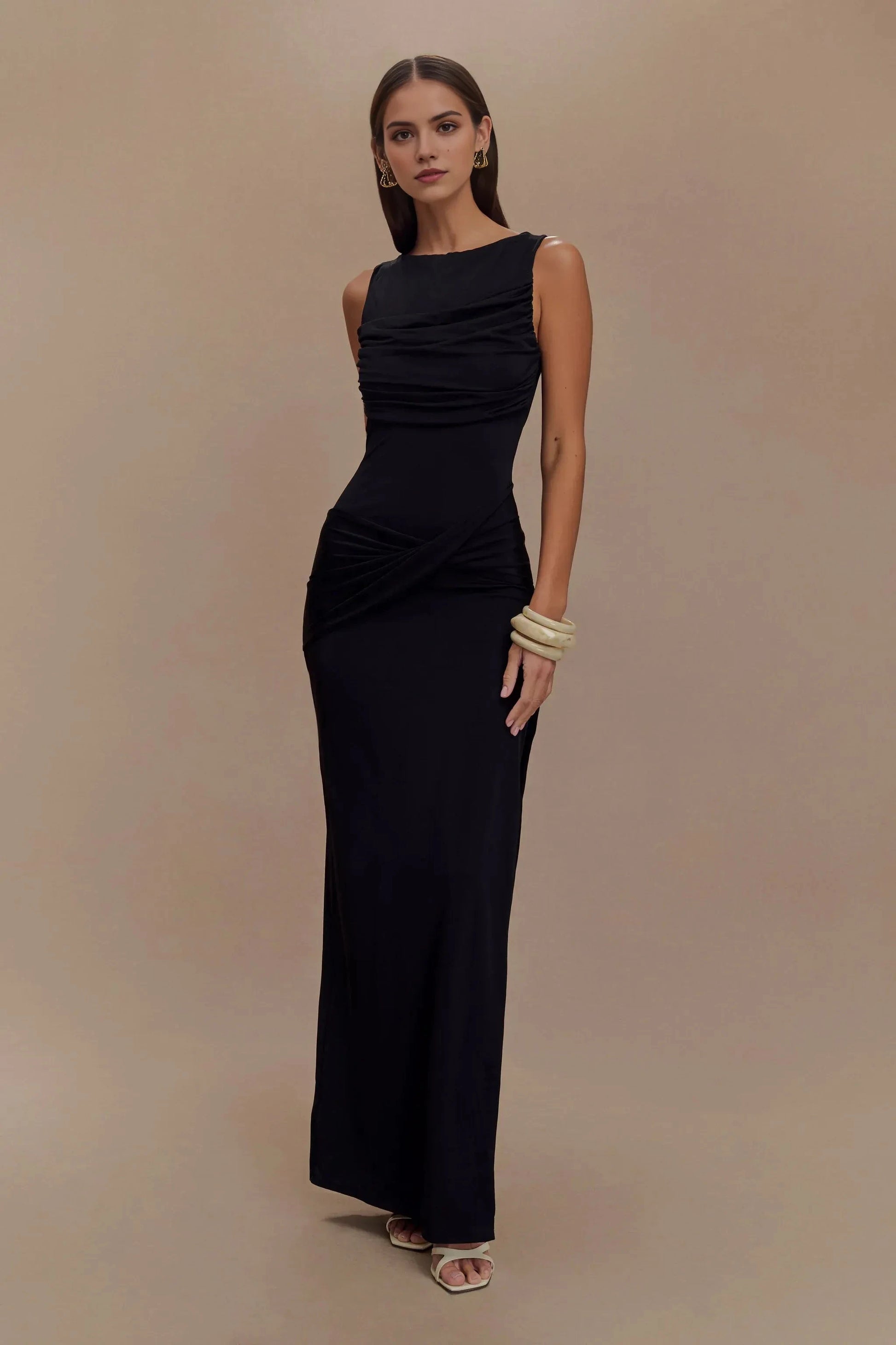 Charming Sheath Boat Neck Sleeveless Draped Open Back Floor Length Prom Dress by YiHuiw